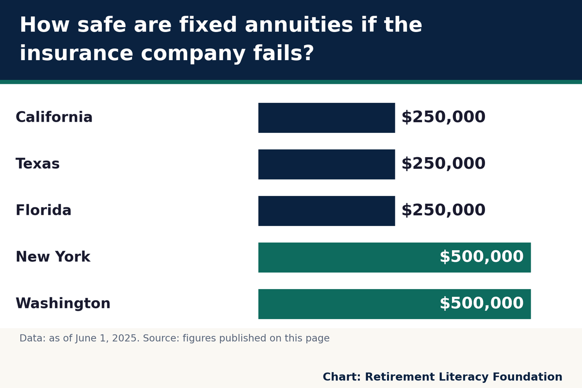 Annuity limit (NOLHGA): $500,000 for New York down to $250,000 for California (as of 6/1/2025)